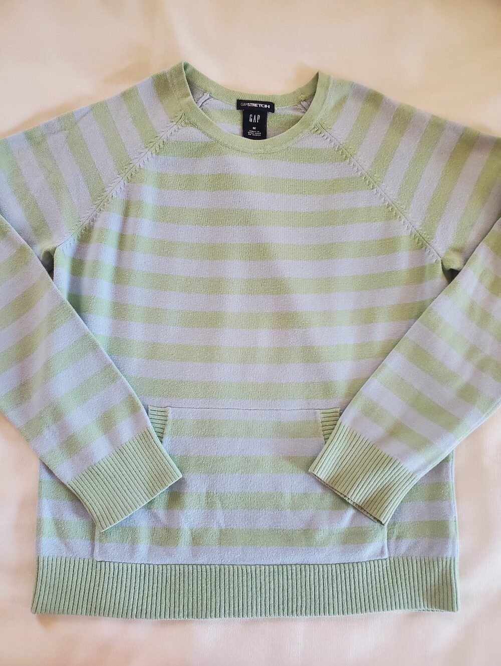 Vintage GAP Women's Light Green and Light Blue Striped Crewneck Pullover- Size M